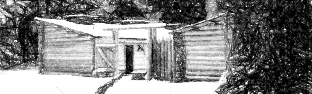 A black and white sketch of the front of Fort Clatsop.